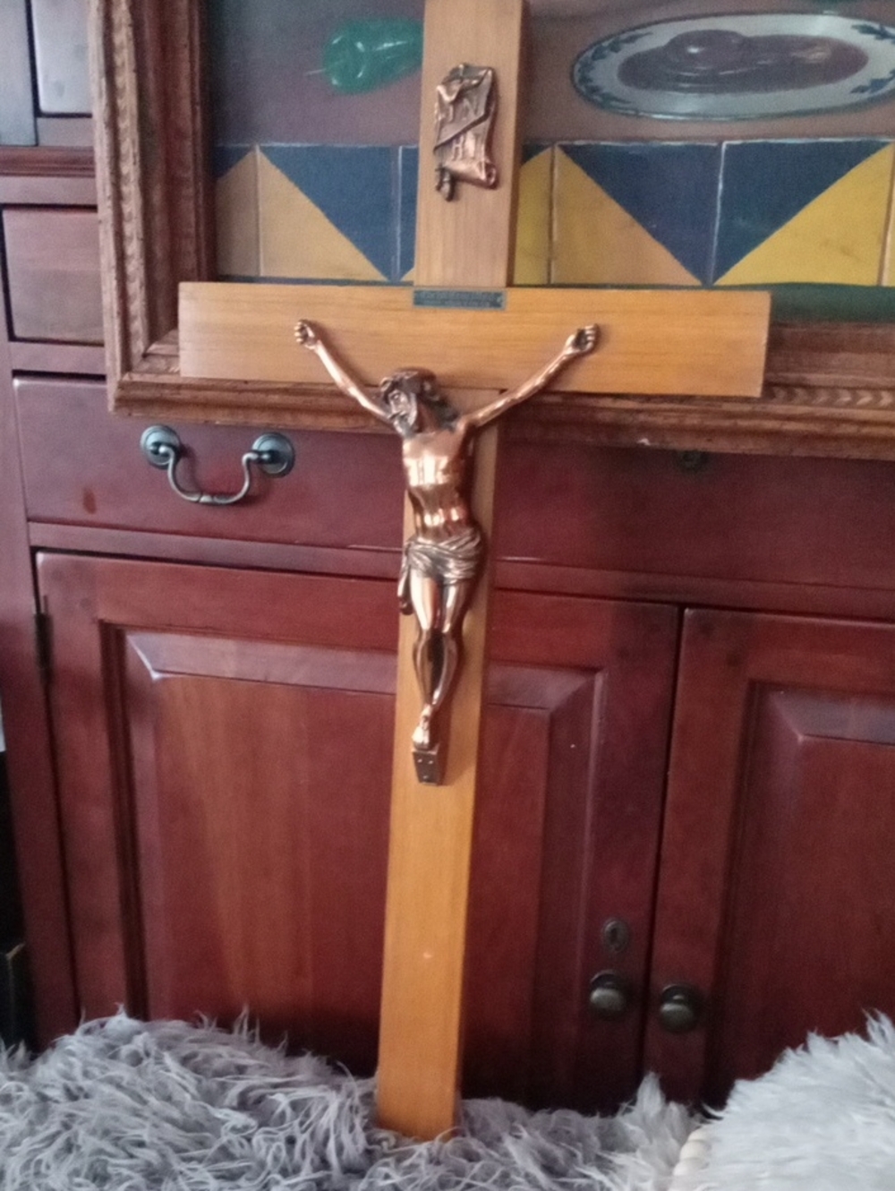 Wooden Crucifix with Bronze-Tone Corpus